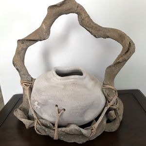 Unique Clay pottery inlaid in driftwood frame with tied with Raffia collector's